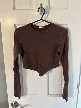 Garage Long-Sleeve Brown Cropped Crewneck Top